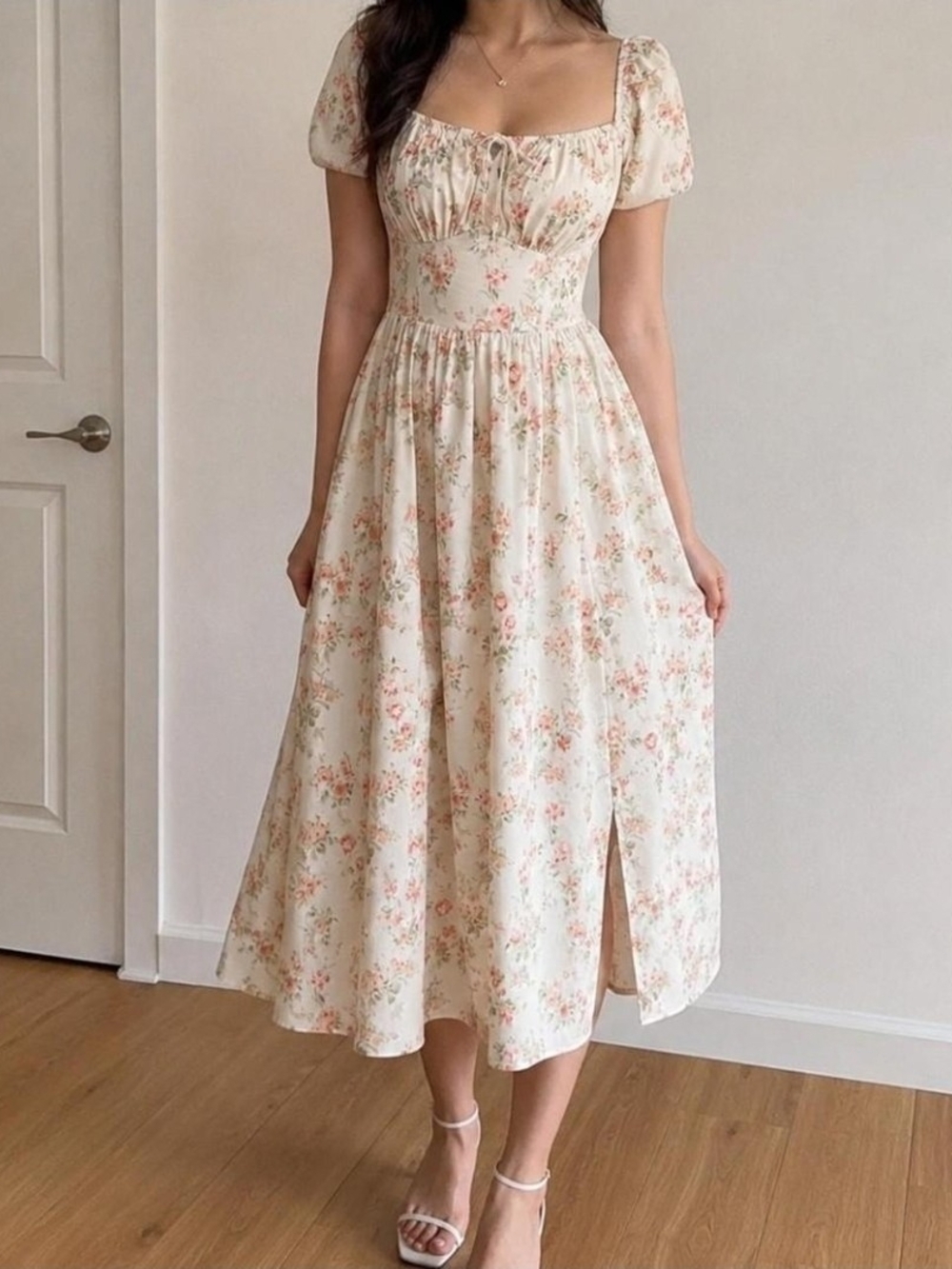 Cream Floral Square-Neck Midi Dress